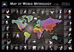 the map of world mythology is shown in black and white