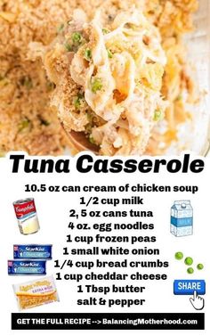 an advertisement for tuna casserole with instructions