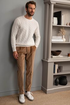 Cable Knit Sweater Outfit, Pini Parma, White Sweater Outfit, Sweater Outfits Men, Knit Sweater Outfit, White Cable Knit Sweater, Reference Pics, Corduroy Trousers, Man Style