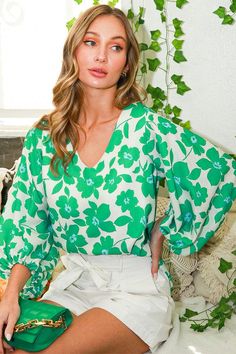 Green Long Sleeve Puff Top For Spring, Green Long Sleeve Puff Sleeve Top For Fall, Long Puff Sleeves, Floral Print Tops, Woven Top, Top Fabric, Quality Fashion, Fitted Bodice, Cuff Sleeves