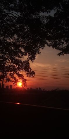 the sun is setting behind some trees and power lines in front of a cityscape