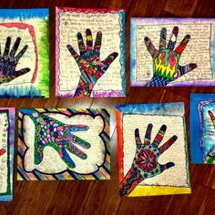 six hand prints are displayed on small cards