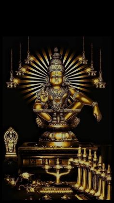 an image of a golden buddha statue surrounded by candles and chess pieces on a black background