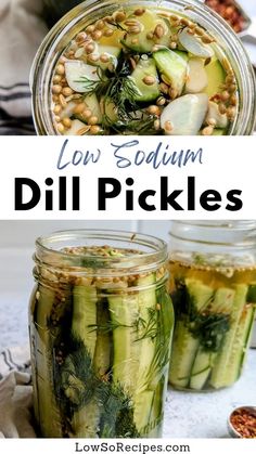 two jars filled with pickles and topped with dilling, pine nuts and parsley