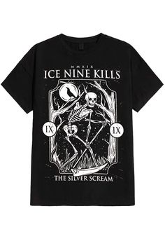 Ice Nine Kills - Skull Card - T-Shirt Skull Graphic Tee With Text Print, Halloween Graphic Tee With Front And Back Print, Halloween Band Merch T-shirt With Front And Back Print, Halloween Band Merch T-shirt With Print, Halloween T-shirt With Skull Front Print, Ice Nine Kills, Ice Nine, Girls Tshirts, Order Now