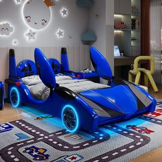 a child's bedroom decorated in blue and grey with stars on the ceiling, carpeted floor