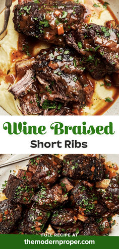 wine braised short ribs on a serving plate made with red wine, spices, celery, onion, carrots and garlic cloves The Best Short Ribs Recipe, Tender Short Ribs Recipe, Recipes With Short Ribs, Recipes For Short Ribs, Italian Braised Short Ribs, Short Ribs Without Wine, Pork Short Ribs Recipe, Short Ribs Recipe Crockpot, Hungry Happens Recipes