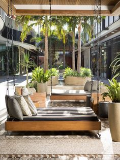 a porch swing with hanging chairs and potted plants