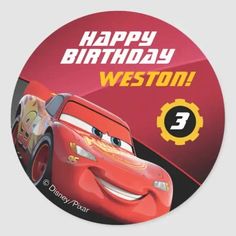 a round birthday sticker with the character cars from disney pixar on it