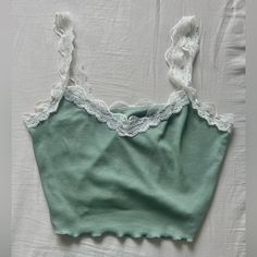 Size 4/S, Never Worn Mint Condition Spring Green Tank Top With Lace Trim, Green Lace Trim Tank Top For Summer, Green Cotton H&m Tops, Green Cotton Top With Lace Trim, H&m Green Tops For Spring, Cotton Crop Top With Lace Trim For Day Out, Cotton Lace Trim Crop Top For Day Out, H&m Spring Cami Tops, H&m Fitted Cami Top