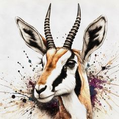 an artistic painting of a gazelle's head with paint splatters on it