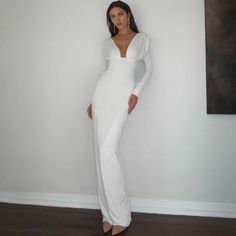 Fitted V-neck Dress For Date Night, White Fitted V-neck Maxi Dress, Formal Stretch V-neck Dress, Stretch V-neck Dress For Dinner, Fitted V-neck Maxi Dress For Fall, White V-neck Bodycon Dress For Date Night, Fitted V-neck Long Sleeve Dress For Date Night, Fitted Long Sleeve V-neck Dress For Date Night, White V-neck Fitted Maxi Dress