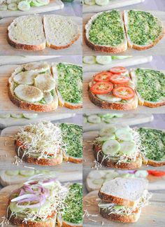 several images of sandwiches with different toppings on them, including tomatoes and cucumbers