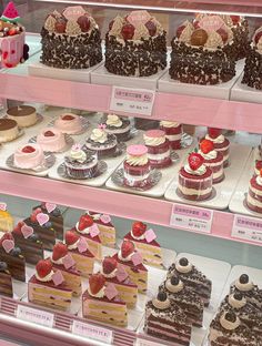 a display case filled with lots of different types of cakes and desserts on top of shelves