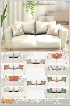 the sofa is white and has many different pillows on it, including one for each seat