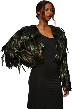 A woman wearing a bolero jacket made of feathers. Feather Bolero, Gothic Outfit, Black Luxury, Bolero Jacket, Avant Garde Fashion, Norma Kamali, Black Feathers, Gothic Outfits, Luxury Store