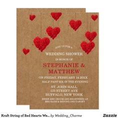 a brown paper bag with red hearts hanging from it and the words, wedding shower is in