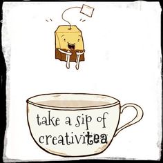 a coffee cup with a piece of cake floating above it and the caption take a sip of creativity