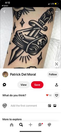 an image of a person with tattoos on their arm and the words, patrick del morl view what do you think? add this comment to explore