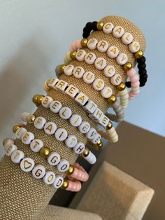 Bead Bracelet Inspiration, Dream Achieve, Motivational Bracelets, Stacked Bracelets, Bracelet Name, Homemade Bracelets, Faith Bracelet, Bracelet Inspiration, Christian Bracelets