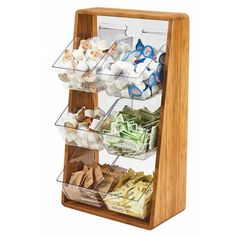 a wooden display case filled with lots of food