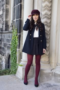 Burgundy Tights Outfit, Cabby Hat, Colorful Tights, Burgundy Tights, Burgundy Outfit, Navy Coat