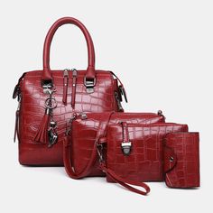 Women 4PCS Faux Leather Soft Solid Color Suit Handbag Crossbody Bag Clutch Bag Card Wallet - MRSLM Designer Tassels, Crocodile Handbags, Red Crossbody Bag, Embossed Bag, Wristlet Purse, Leather Shops, Stylish Bag, Pouch Bag, Bag Set