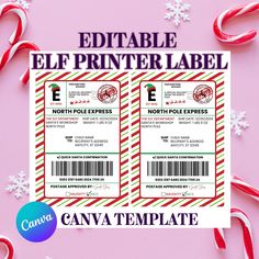 two editable elf printer labels with candy canes on the side and snowflakes in the background