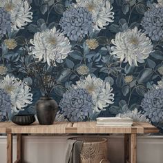 Elevate your home decor with this elegant blue floral wallpaper, featuring large chrysanthemums and intricate leaf designs. The sophisticated color palette of blues and golds adds a touch of luxury to any space, making it perfect for living rooms, bedrooms, or dining areas. This wallpaper's detailed pattern brings a sense of calm and beauty, ideal for creating a feature wall or enveloping a whole room in serene elegance. The high-quality design and classic floral motif ensure this wallpaper will be a timeless addition to your interior decor. Lark Manor™ | Lark Manor™ Elegant Floral Wallpaper Large Chrysanthemums Peel & Stick Mural Vinyl in Blue | 10' L X 28" W | Wayfair | Home Decor Grey Floral Wallpaper, Hydrangea Wallpaper, Peel And Stick Mural, Blue Floral Wallpaper, Sophisticated Color Palette, Powder Room Wallpaper, Wallpaper Large, Dining Room Blue, Favorite Wallpaper