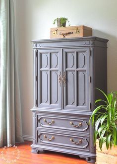 a gray armoire sitting on top of a wooden floor next to a potted plant