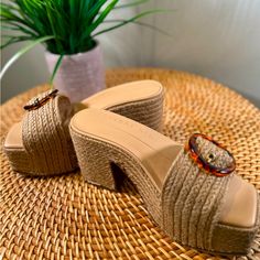 Tan Gianni Bini. Size 6 1/2. New. Never Worn! Great For Summer Vacation! Brown Straw High Heels, Trendy Straw Heels With Round Toe, Elegant Slip-on Heels For Vacation, Chic Closed Toe Straw Heels, Chic Slip-on Heels For Vacation, Chic Straw Heels With Closed Toe, Chic Slip-on Heels With Woven Sole, Chic Slip-on Heels For The Beach, Straw Heels With Round Toe