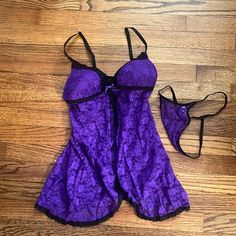 Apt 9 Purple & Black Lace Teddy Set With G-String Women’s Small Bra Top Has Padding Like New Top And G-String Was Never Worn Purple Sleepwear With Built-in Bra For Night, Fitted Purple Sleepwear With Built-in Bra, Zebra Print Clothes, Purple Bra, Small Bra, Purple Lingerie, Purple Bras, Cute Sleepwear, Kitten Toys