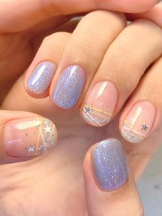 Fun Nail Art For Short Nails, Simple Doodle Nail Art, Starry Gel Nails, Kbeauty Korean Nails, Short Nail Designs Sparkle, Winter Korean Nails, Korean Nail Art Simple Cute, Nail Art Korean Style Cute, Korean Nail Designs Trends