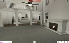 a virtual view of a living room with fireplace and ceiling fan in front of the fire place