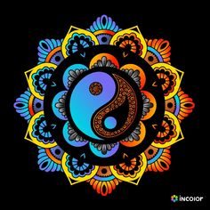 the yin symbol is surrounded by colorful flowers and leaves on a black background with an intricate circular