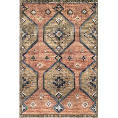 an orange, blue and brown rug with geometric designs on the bottom half of it