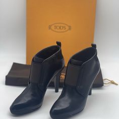 New With Box Luxury Formal Boots With Heel Tab, Black Calf Leather Heeled Boots With Heel Pull Tab, Formal Black Heeled Boots With Heel Pull Tab, Elegant Black Boots With Heel Pull Tab, Kitten Heel Ankle Boots, Brown Suede Heels, Leather High Heel Boots, Ankle Boots Women, Leather Boots Heels