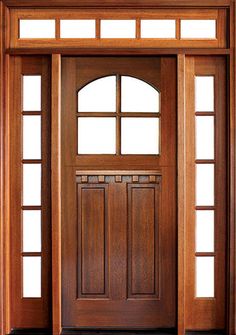 a wooden door with two sidelights and an arched glass paneled entryway that is made of wood