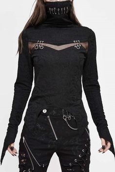 The main fabric is made of dark-patterned elastic knitted material with a slim-fit version. Back collar invisible zipper can be unzipped, front collar and chest with pin decoration, the chest segmentation splicing fine mesh. Material: 78%Polyester 19%Nylon 3%Spandex Gender: Female Style types: Punk Include: Shirt*1 (Any of the accessory is not included.) Size(IN) Center Back Length Shoulder Width Bust Waist Sleeve Length Cuff Around Neckline XS-S 26.77 14.17 34.25 27.56 31.10 7.48 17.32 M-L 27.36 14.96 37.40 30.71 31.50 8.07 18.11 L-XXL 27.95 15.75 40.55 33.86 31.89 8.66 18.90 3XL-4XL 28.54 16.54 43.70 37.01 32.28 9.25 19.69 Size(CM) Center Back Length Shoulder Width Bust Waist Sleeve Length Cuff Around Neckline XS-S 68 36 87 70 79 19 44 M-L 69.5 38 95 78 80 20.5 46 L-XXL 71 40 103 86 81 2 Style Types, Punk Shirt, Punk Dress, Female Style, Black Turtleneck, Mesh Material, Lolita Dress, Gothic Lolita, Invisible Zipper