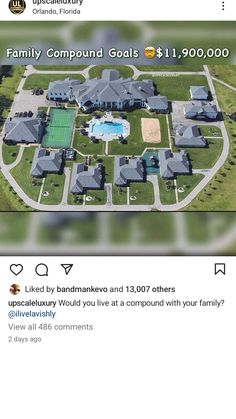 an aerial view of a house with a pool and tennis court in the middle of it