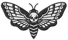 a black and white drawing of a moth with skull bones on it's wings