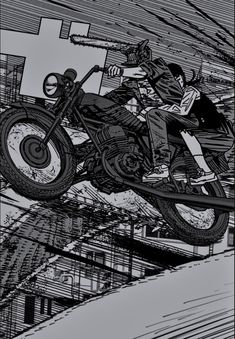 a black and white drawing of a person on a motorcycle flying through the air with buildings in the background