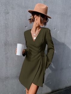 Army Green Elegant  Long Sleeve Polyester Plain A Line Embellished Non-Stretch Spring/Fall Women Dresses Belted Shirt Dress, Ruffle Hem Dress, Dress Home, Lace Bodice, Smock Dress, Hem Dress, Asymmetrical Hem, Women Lace, Asymmetric Hem