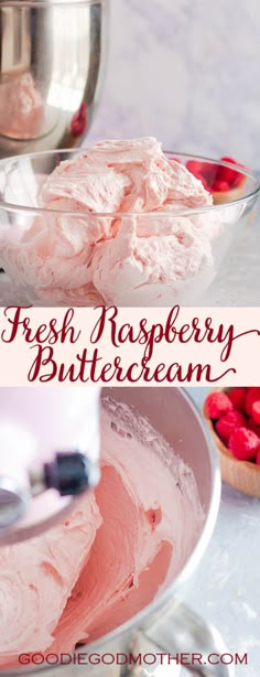 fresh raspberry buttercream in a bowl and on a plate