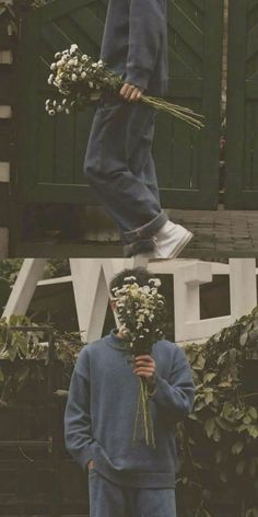 a person jumping in the air with flowers on their head and another man standing next to him