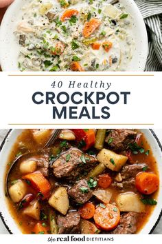 four different pictures with the words, 40 healthy crockpot meals on top and bottom