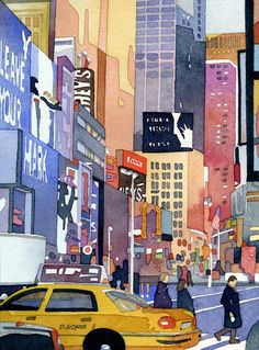 a painting of people crossing the street in new york city, with taxi cabs and pedestrians