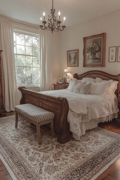 a bedroom with a bed, dressers and a chandelier hanging from the ceiling