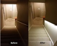 before and after photos of a hallway with carpeted stairs leading up to the door