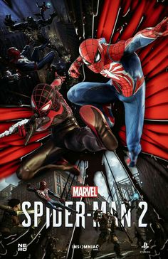 the poster for spider - man 2 is shown in red and black, with an image of